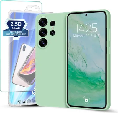 A phone case and screen protector are displayed together.