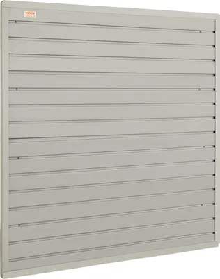 A light gray slatwall panel with a small orange and white logo in the top left corner.