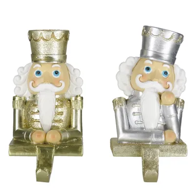 Produktbild von Clayre & Eef Gehäkelte Weihnachtssocken 2er-Set Nussknacker 12 cm Goldfarbig Kunststoff