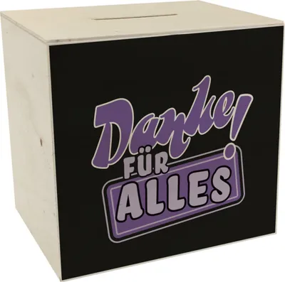 Produktbild von Spardose aus Holz in Lila zum Thema Dankbarkeit - Danke für Alles!