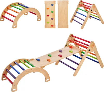 A collection of wooden climbing toys for children, including a Pikler triangle, a climbing ramp, and a rocking arch.