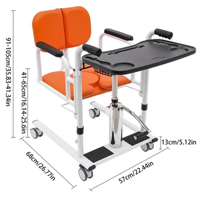 Obrázok produktu pre Hydraulický zdvihák pre pacientov – sprchový a toaletný stôl – s nastaviteľnou výškou – nosnosť 150 kg – skladací – 4 kolieska s brzdami – odnímateľná, mäkká podložka – oranžová farba