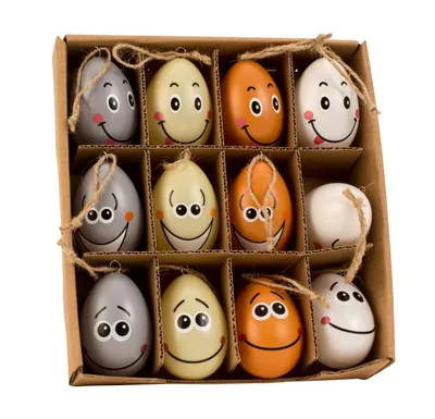 Produktbild von Mel-O-Design 12er Set Oster-Eier 9731 zum Dekorieren mit lustigem Gesicht und Anhänger ca. 6x4 cm
