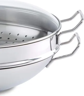 Obrázok produktu pre Veľká panvica wok z nehrdzavejúcej ocele 36 cm - bez povrchovej úpravy so sklenenou pokrievkou a naparovačom na ázijské jedlá