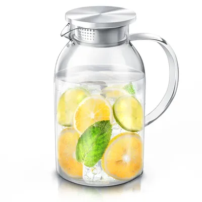 Produktbild von Arendo Karaffe, Glaskaraffe mit Deckel aus lebensmittelechtem Edelstahl, 2300 ml, Borosilikatglas, Sieb, hitze- und kältebeständig, BPA-frei