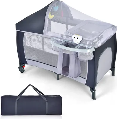 Produktbild von Babybett 120 x 60 cm, 4 in 1 Reisebett | Babywiege | Wickeltisch | Laufgitter, Kinderreisebett mit Matratze & Moskitonetz & Rollen (mit Spieldose, Grau)