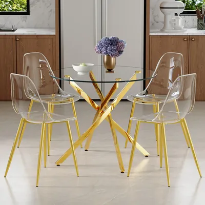 Image de Ensemble de salle à manger 5 pièces comprenant une table ronde de 88 cm de diamètre en verre trempé et 4 chaises design transparentes, ensemble moderne pour salle à manger et cuisine, peu encombrant et robuste