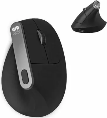 A black ergonomic vertical mouse is shown on a white background, with a smaller inset image of the same mouse in the upper right corner.