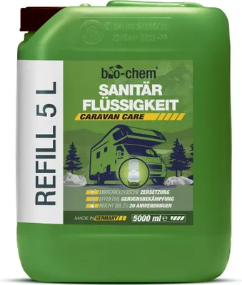Produktbild von bio-chem Sanitärflüssigkeit für Campingtoilette - 5 L inkl. Dosierbecher - Mikrobiologischer Toilettenzusatz hochkonzentriert - Wirkt gegen Fäkalien, Papier & Gerüche im Fäkalientank - DE