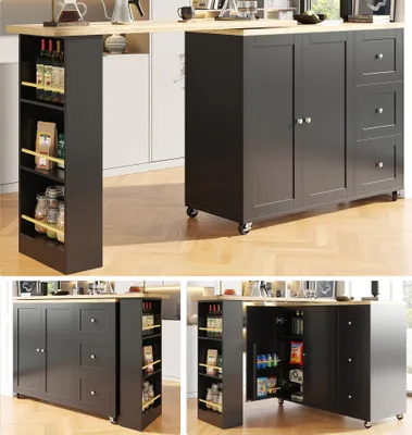 A collage of images showing a black kitchen island with a wooden countertop, featuring shelves and cabinets, in various configurations and open states.