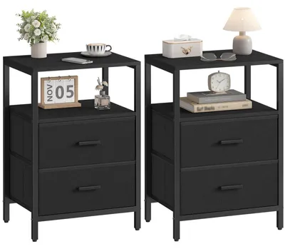 Produktbild von Nachttisch 2er Set, Beistelltisch mit 2 Stoff-Schubladen, Schwarz