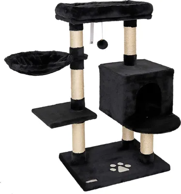 Produktbild von lionto Kratzbaum 93 cm mit Höhle, Liegemulde, Spielball & Sisalstämmen, kompakter Katzenbaum, schwarz
