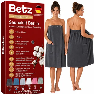 Produktbild von Betz Saunakilt Berlin – Frottee Saunakilt für Damen 100% Baumwolle, 420 g/m² –verstellbar mit Knöpfen &Gummizug –Saunahandtuch mit Tasche- dunkelgrau