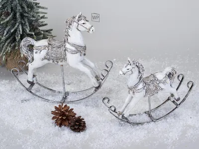 Produktbild von 2er Set Deko Schaukelpferde L. 21cm + 27cm weiß silber Formano W25