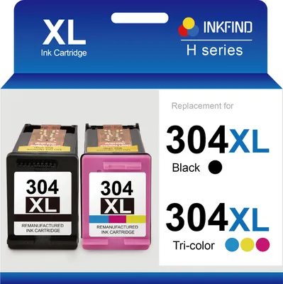 The image shows the packaging of two ink cartridges, one black and one tri-color, with branding and product information.