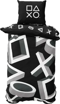 A bedding set with a Playstation theme, including a pillow and duvet cover.