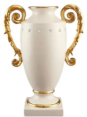 Produktbild von Casa Padrino Barock Vase Elfenbeinfarben / Gold 28 x 18 x H. 36 cm - Prunkvolle handgefertigte & handbemalte Keramik Blumenvase mit Swarovski Kristallglas