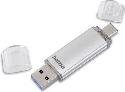 A silver USB flash drive with two caps, one on each end, is shown against a white background. The drive has both a USB-A and a USB-C connector.