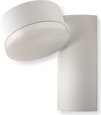A white LED outdoor wall light with a cylindrical base and a rotatable cylindrical lamp head.