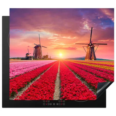 Produktbild von KitchenYeah© Herdabdeckplatte Mühle - Blumen - Sonnenuntergang - Niederländisch , 60x52cm, Küche Deko, Glaskeramikkochfeld Herdabdeckung, Abdeckplatte fùr Kochfeld