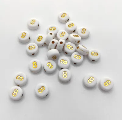 Produktbild von Buchstaben Perlen, 30 Stück, 4x7 mm, gold mit weiß, rund, Zahl 8