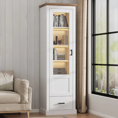 Produktbild von okwish Vitrine，Sideboard，Highboard，Beistellschrank，Aufbewahrungsschrank ，mit 16-Farben-Fernbedienung&Schublade&5 Fächer Display，Glasvitrine Hochschrank ，Weiß