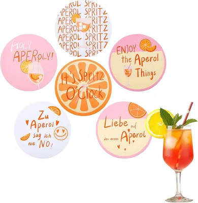 Zdjęcie produktu dla Podkładki pod napoje Aperol - 6 sztuk - Zabawne podkładki z napisami - Prezent dla miłośników Aperola - Dekoracja letniego stołu - 10 x 10 cm