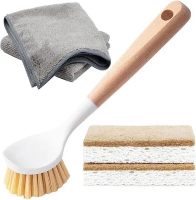Produktbild von Famanu Spülbürsten-Set mit Holzgriff, Sisalborsten und Mikrofasertuch - 5-teilig