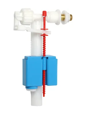 A close-up studio shot of a toilet fill valve on a white background.