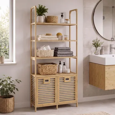Immagine prodotto di Mobile bagno in bambù HWC-N83, mobiletto da bagno con ripiani, 2 cesti per la biancheria, 4 ripiani,  , dimensioni 168x81x33 cm, colore naturale, cesti color grigio chiaro