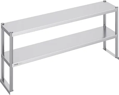 Image de Surétagère double VEVOR, surétagère à deux étages en acier inoxydable, 305 x 1524 x 600 mm surétagère à deux étages, table de préparation de surétagère réglable en hauteur pour cuisine, restaurant et atelier