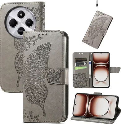 Obrázek produktu pro Pro Xiaomi Redmi 14C Koženkové peněženkové pouzdro na mobilní telefon Butterfly Design Cover Case Grey