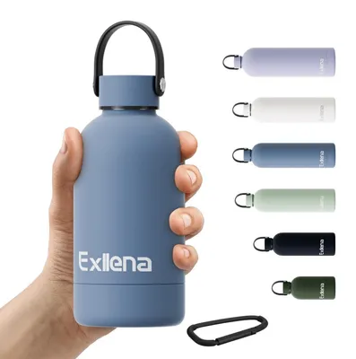 Obrázok produktu pre Fľaša na pitie s objemom 350 ml, s rúčkou a karabínkou, z nehrdzavejúcej ocele, s tesnením zabraňujúcim úniku, bez BPA, farba: modrá