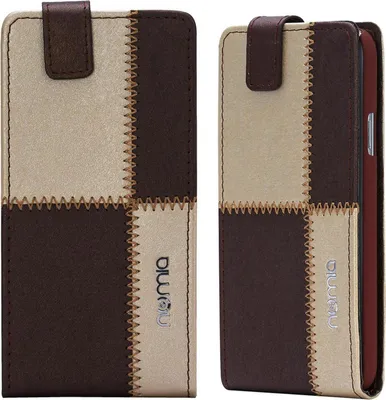 Two views of a flip-style phone case with a patchwork design.