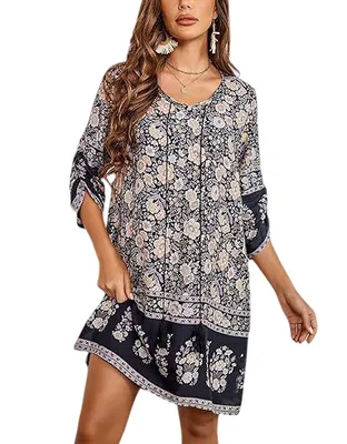 Produktbild von ASKSA Damen Bohemian Tunika Kleid Strandkleid Sommerkleider Vintage Strandkleider 3/4-Arm Rundhals Kleid Blumenmuster Tunikakleider (Dunkelapricot,XXL)