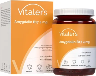 Produktbild von Vitaler's Amygdalin (Vitamin B17) 4 mg – 120 Kapseln, Natürlicher Aprikosenkernextrakt, Vegan, Ohne Zusatzstoffe, reine Zusammensetzung