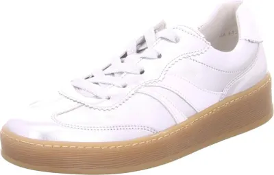 A single white sneaker with a brown sole is shown against a white background.