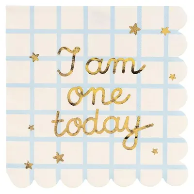Image de 20 serviettes 1er anniversaire "I am one" or / bleu clair 33 x 33 cm