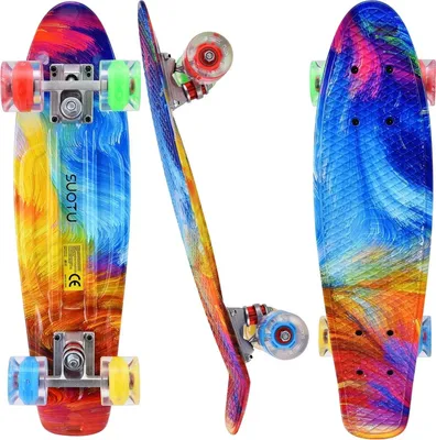 Image de Suotu Mini-skateboard LED pour enfants, avec roues LED (piles non requises), roulements ABEC-7, plateau en plastique, 55,9 x 15,2 cm, arc-en-ciel, sup
