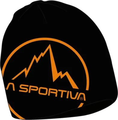 Schwarze Beanie mit großem orangefarbenem La Sportiva Logo und Bergsilhouette