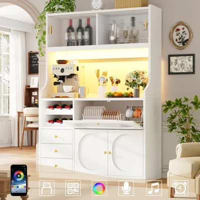 Immagine prodotto di Mobile da cucina MODFU con illuminazione RGB, mobiletto alto con portabottiglie e ante scorrevoli – Credenza moderna con piano di lavoro e cassetti, 120x30x180 cm, bianca