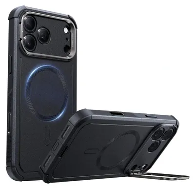 Two black iPhone cases are displayed against a white background. One case stands upright, showcasing its rear camera module and a circular magnetic charging area. The second case is laid down, revealing its side profile and a kickstand.