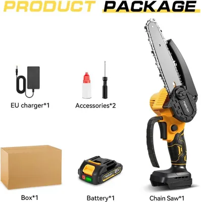 Produktbild von Mini Kettensäge - Akku Motorsäge 15 cm - 1500W Kupfermotor - 18V Batterie - 4000 U/min - 1 Akku Set