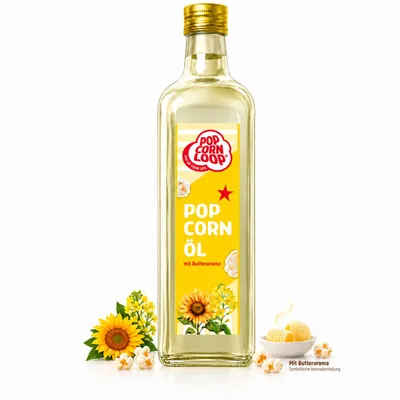 Produktbild von Popcorn Öl für Mais 500 ml Flaschen Hocherhitzbar Butter High Oleic Fett mit Butteraroma Buttergeschmack Oil Omega Hocherhitzbares Bratöl Popcorn