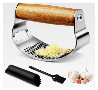 Produktbild von Knoblauchpresse aus Edelstahl mit Flaschenöffner, Knoblauchschäler und Reinigungsbürste, für Knoblauch und Ingwer, spülmaschinenfest