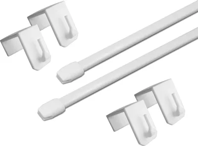 Two white extendable curtain rods with four white window hooks.