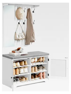 Produktbild von Schuhbank und Wandgarderobe Set mit Spiegel, 8 Doppelhaken, Schuhschrank mit verstellbaren Ablagen, Doppeltüren, Sitzbank mit abnehmbarem Sitzpolster, 81 cm breit, wolkenweiß