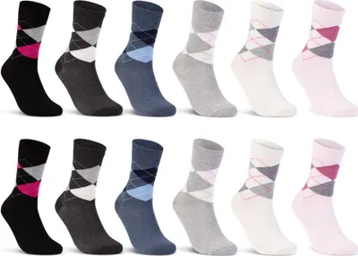 Produktbild von 6 oder 12 Paar Damen Socken Baumwolle Kariert Karo Komfortbund E-800 - 12 Paar Farbmix 35-38
