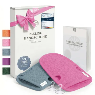 Immagine prodotto di Guanti esfolianti Lowell, set da 2 pezzi, grigio/rosa – con 2 ganci per appendere