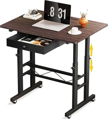 Produktbild von Höhenverstellbarer Schreibtisch, Computertisch Laptoptisch mit Schubladen,Tisch höhenverstellbar 80 * 50*(73-115) cm, Standing Desk mit Rollen